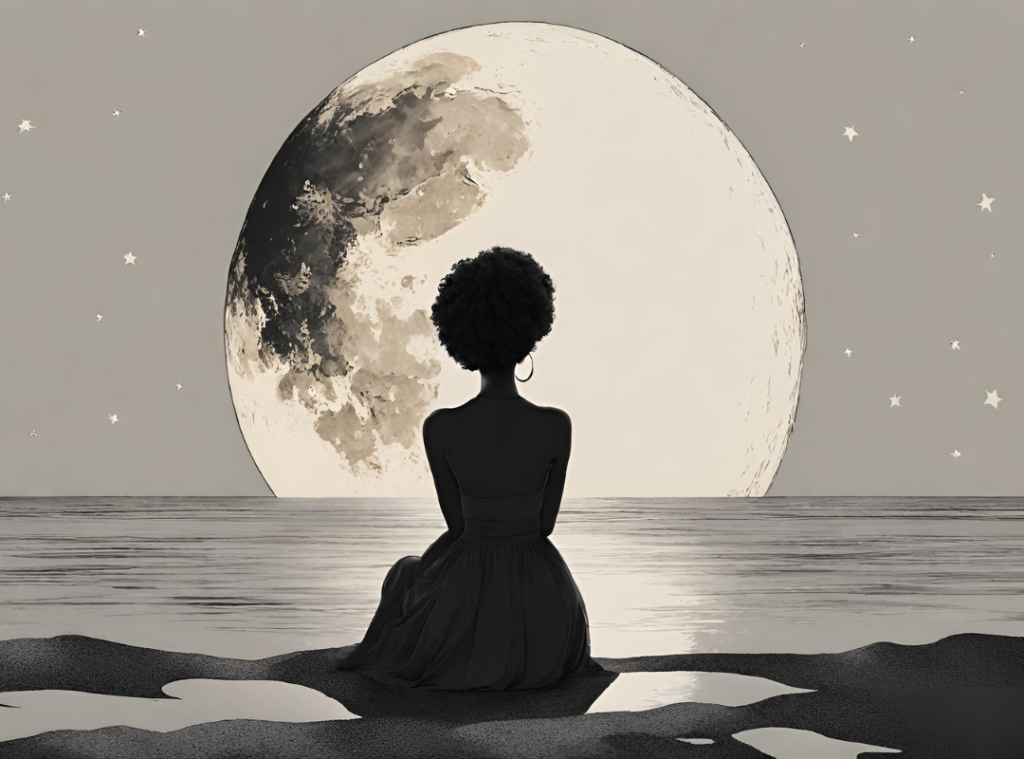 A woman sitting with the moon